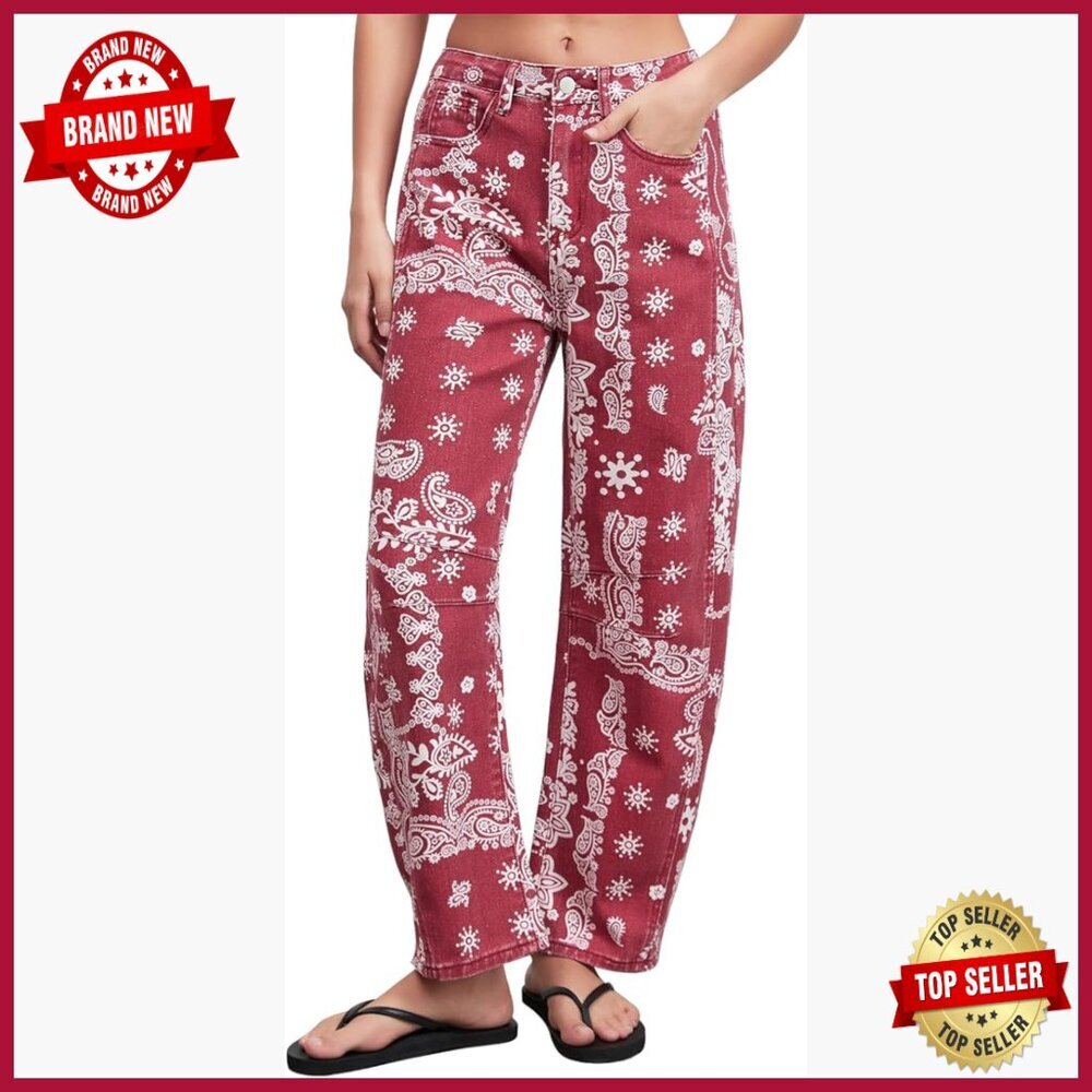 Wide Leg Barrel Jeans, Floral Print, Mid Rise, Pull On, Regular Fit